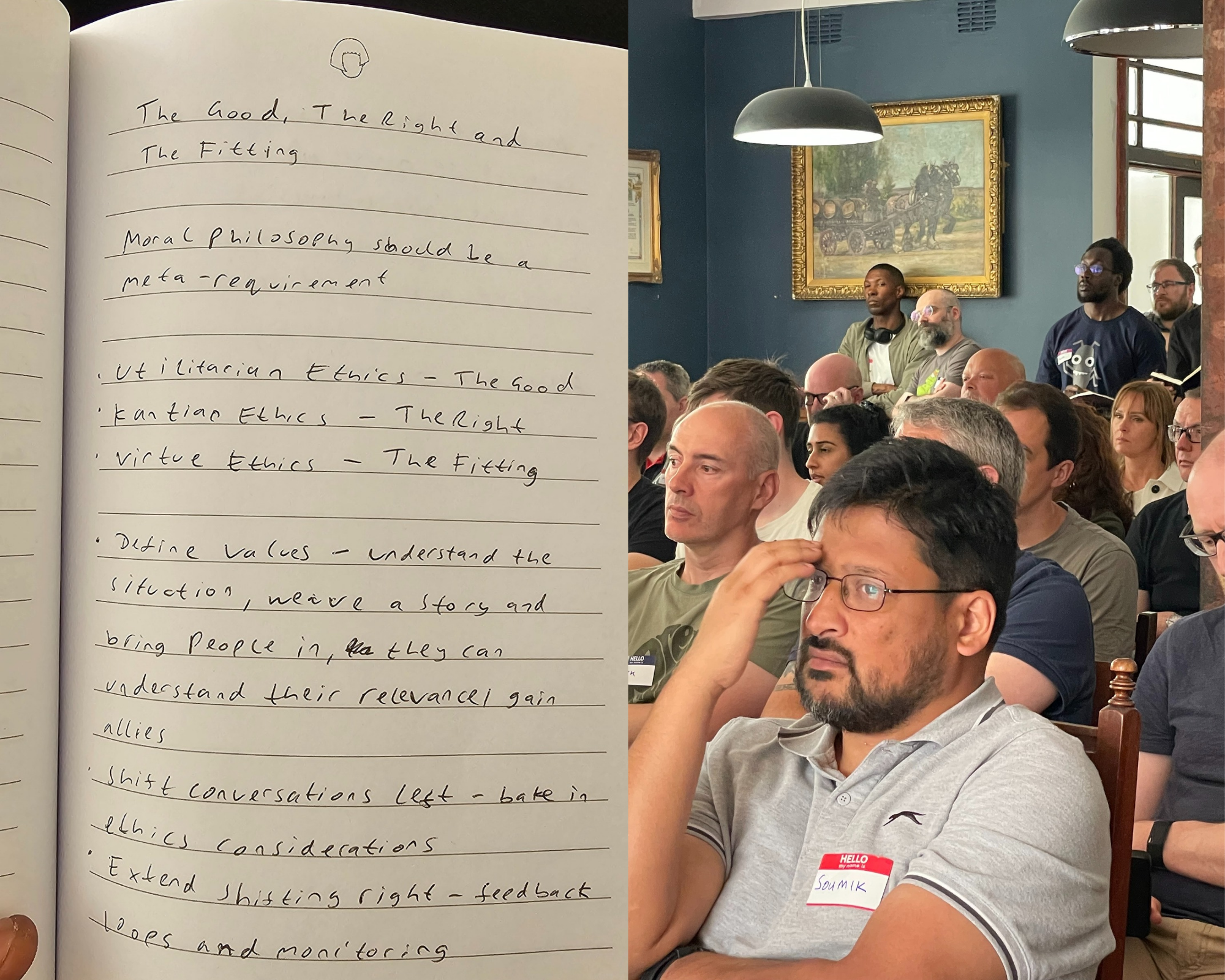 Collage image of handwritten notes on the left and a crowd of people listening to a talk on the right.