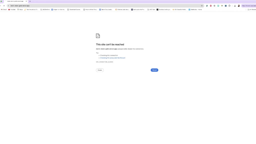 Chrome browser showing an error page that reads ‘This site can’t be reached’ for the URL mern-store-gold.vercel.app. The message says the connection was unexpectedly closed (ERR_CONNECTION_CLOSED) with options to check the connection or proxy settings. This occurred live during Marie Cruz’s demo in Module 18, Lesson 4 of the MoT Software Testing Essentials Certificate, when a k6 Studio load test crashed the demo e-commerce site.
