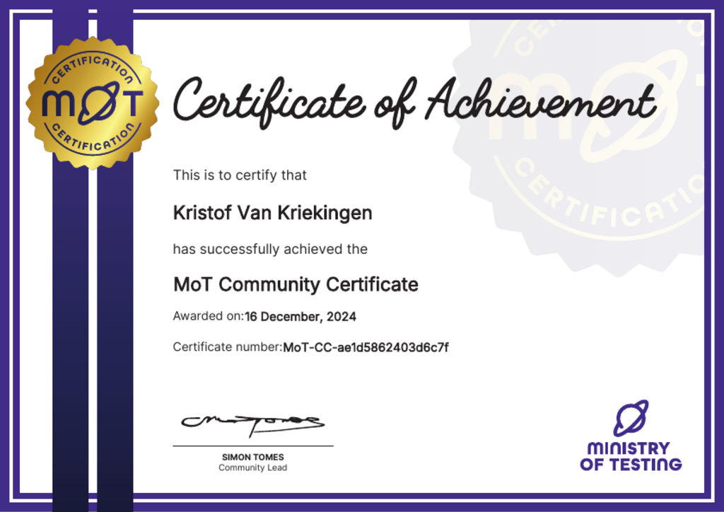 MoT Community Certificate image