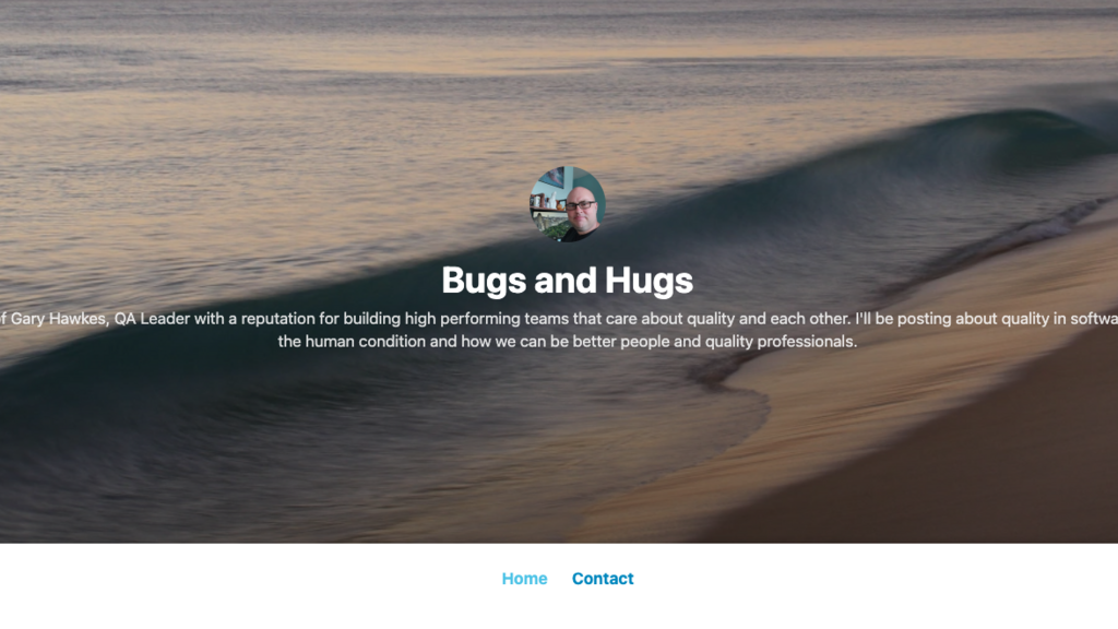 Screen shot of Gary Hawkes wordpress blog site showing the title of "Bugs and Hugs"