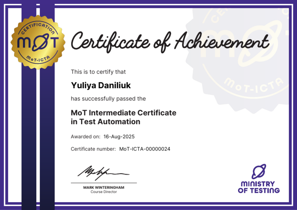 MoT Intermediate Certificate in Test Automation certificate awarded to Yuliya Daniliuk image