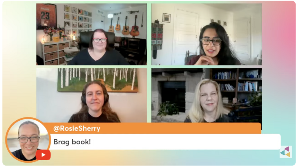 A screenshot of a virtual sessions with varying speakers with Rosie Sherry being quoted saying 'brag book'. image