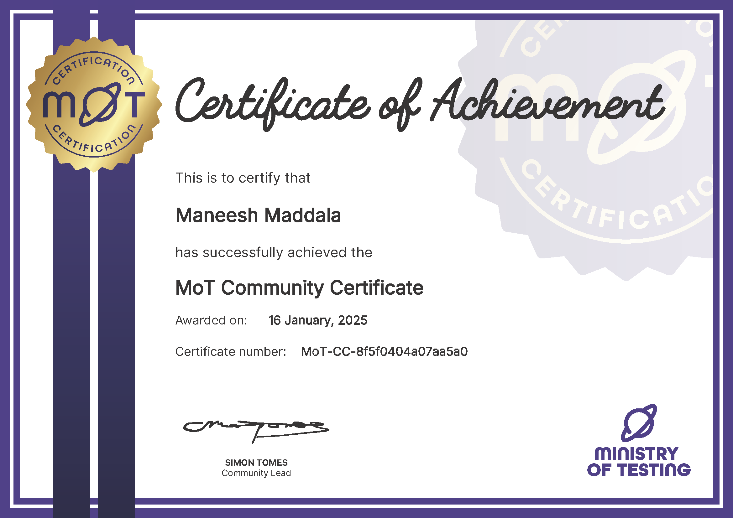 MoT Community Certificate certificate awarded to Maneesh Maddala