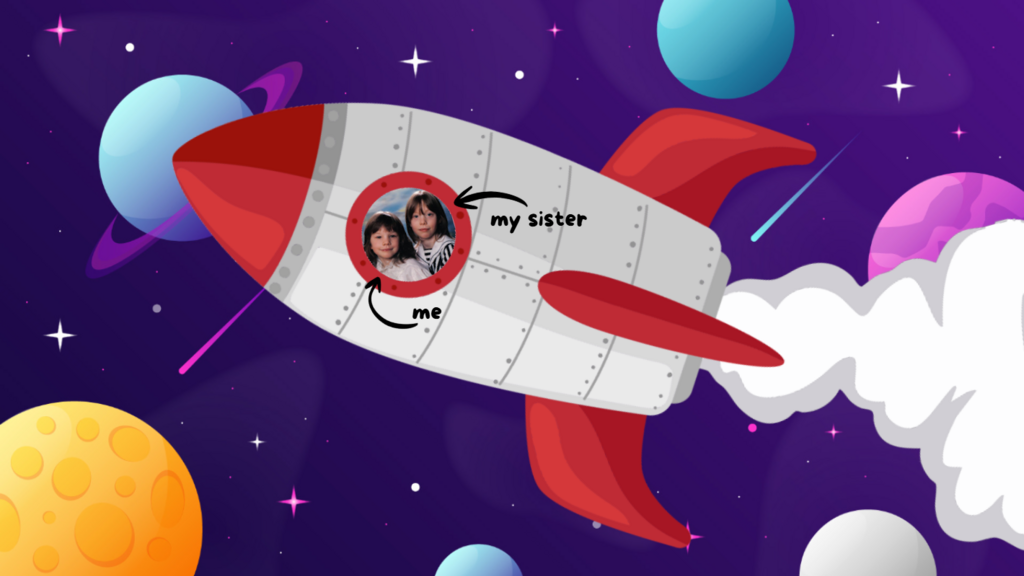 This is a fun space-themed graphic with two children's photos placed inside a rocket ship's window. The image shows a... image