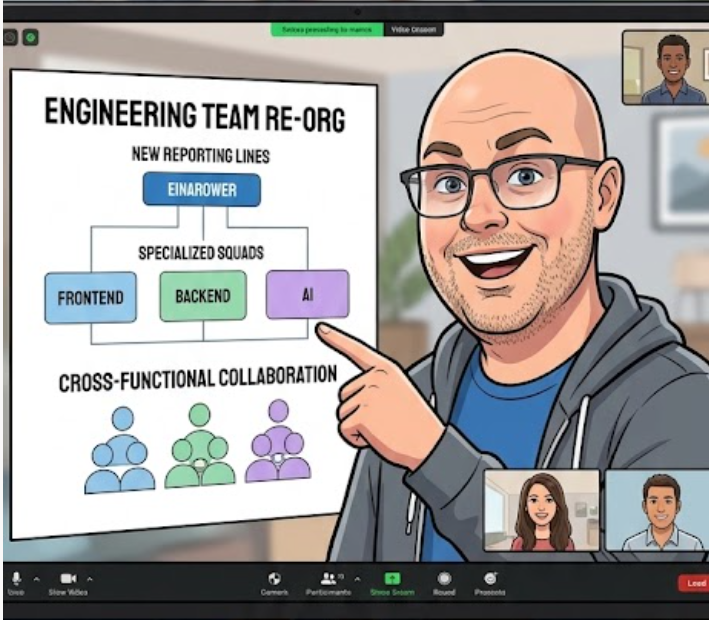 Cartoon image of a bald man with glasses doing a presentation image