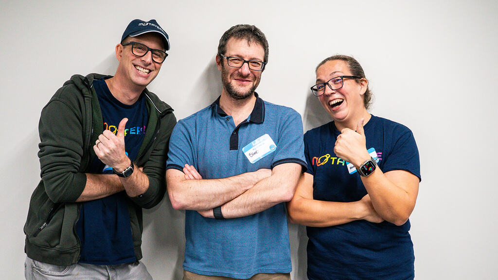 Simon Tomes, Simon Devon and Rosie Sherry posing for the camera at MoT London at Ten10