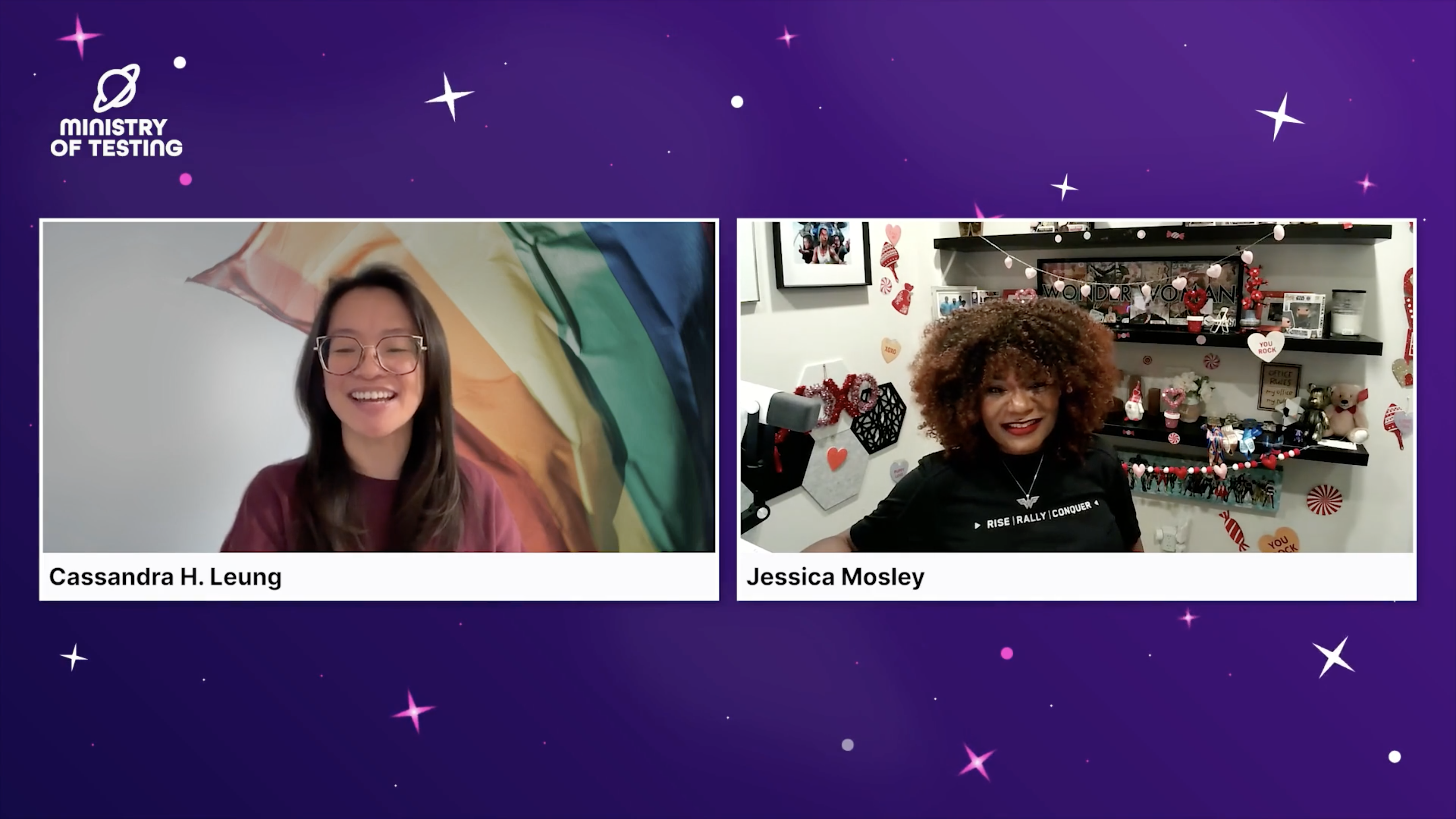 A split-screen video call from the "Ministry of Testing" featuring two women on a purple background with white stars. image