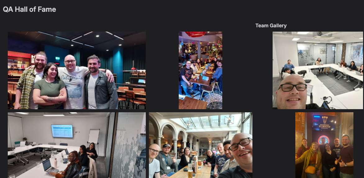 Screen shot of a confluence page that shows pictures from company events that involved Ito's QA Team