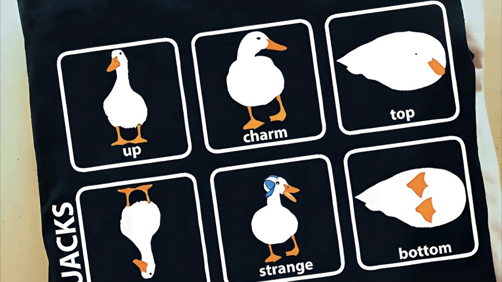 Science unfolded offer of a T-shit. Six quarks are represented as ducks. Up is a duck standing. Charm is a duck looki... image