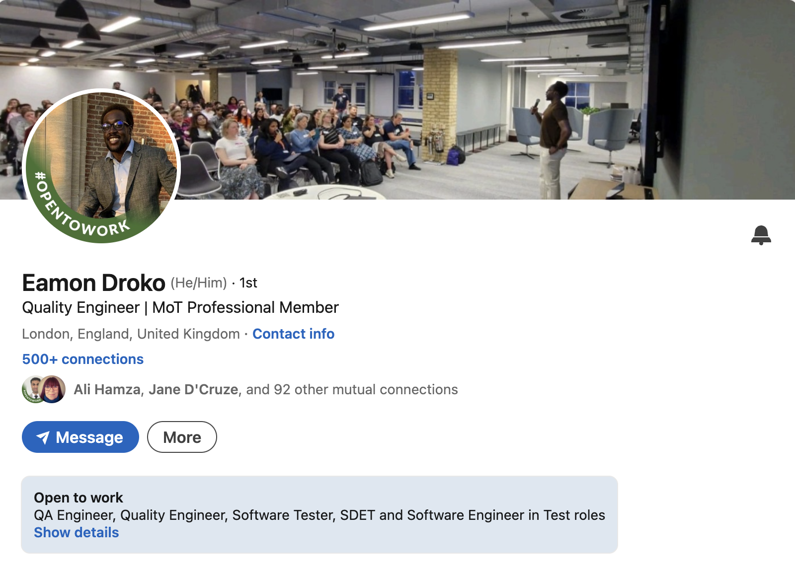 A screenshote of Eamon's LinkedIn profile, but soon his MoT Profile will be looking even more amazing.