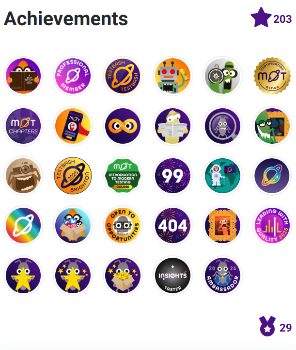 Screenshot of my achievements in the MoTaverse: 203 Community stars, 29 badges.