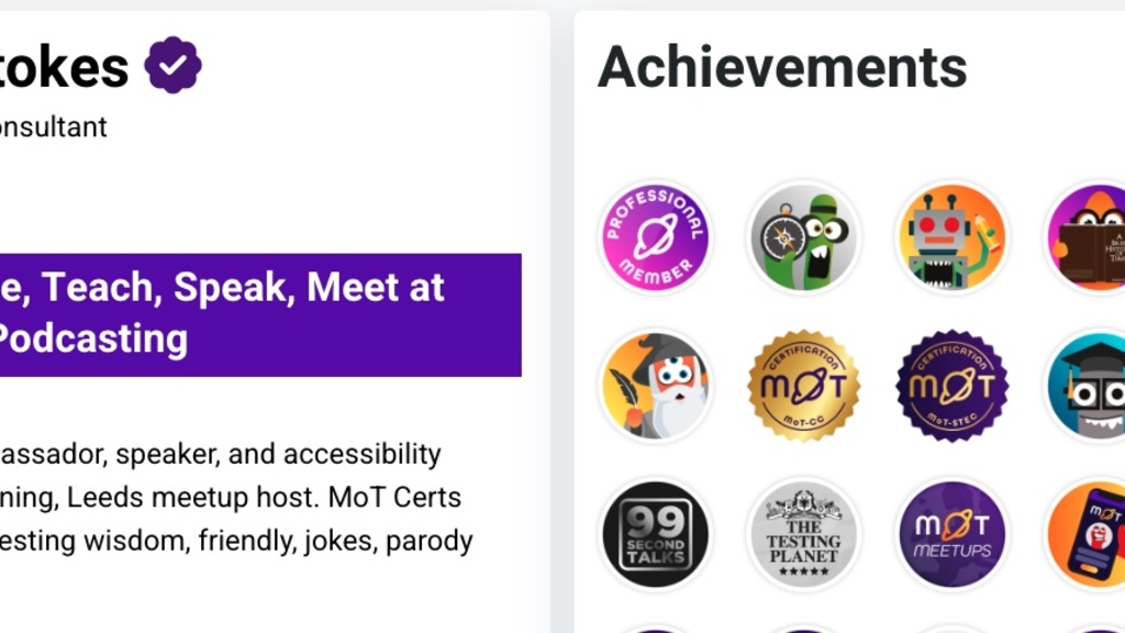 Ady Stokes Ministry of Testing profile page. Picture and blurb on the left. Badges on the right and a beautiful looki... image