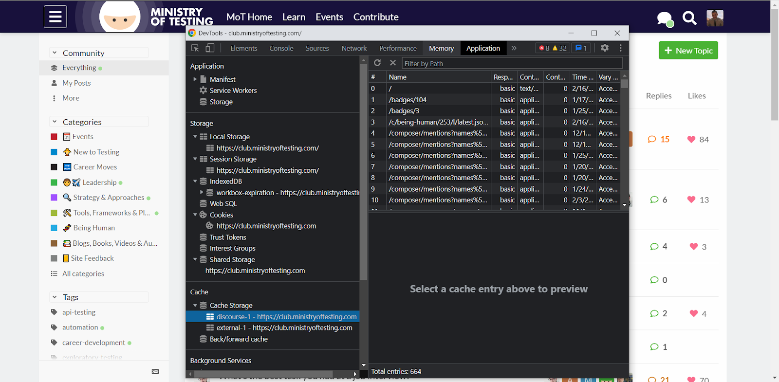 Screenshot of the Ministry of Testing Club with Dev tools loaded. The Dev tools tab selected is Memory and the Cache storage on the left hand panel is selected.