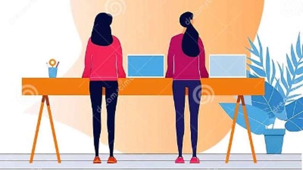 Cartoon with two women standing at a desk with two monitors, working together