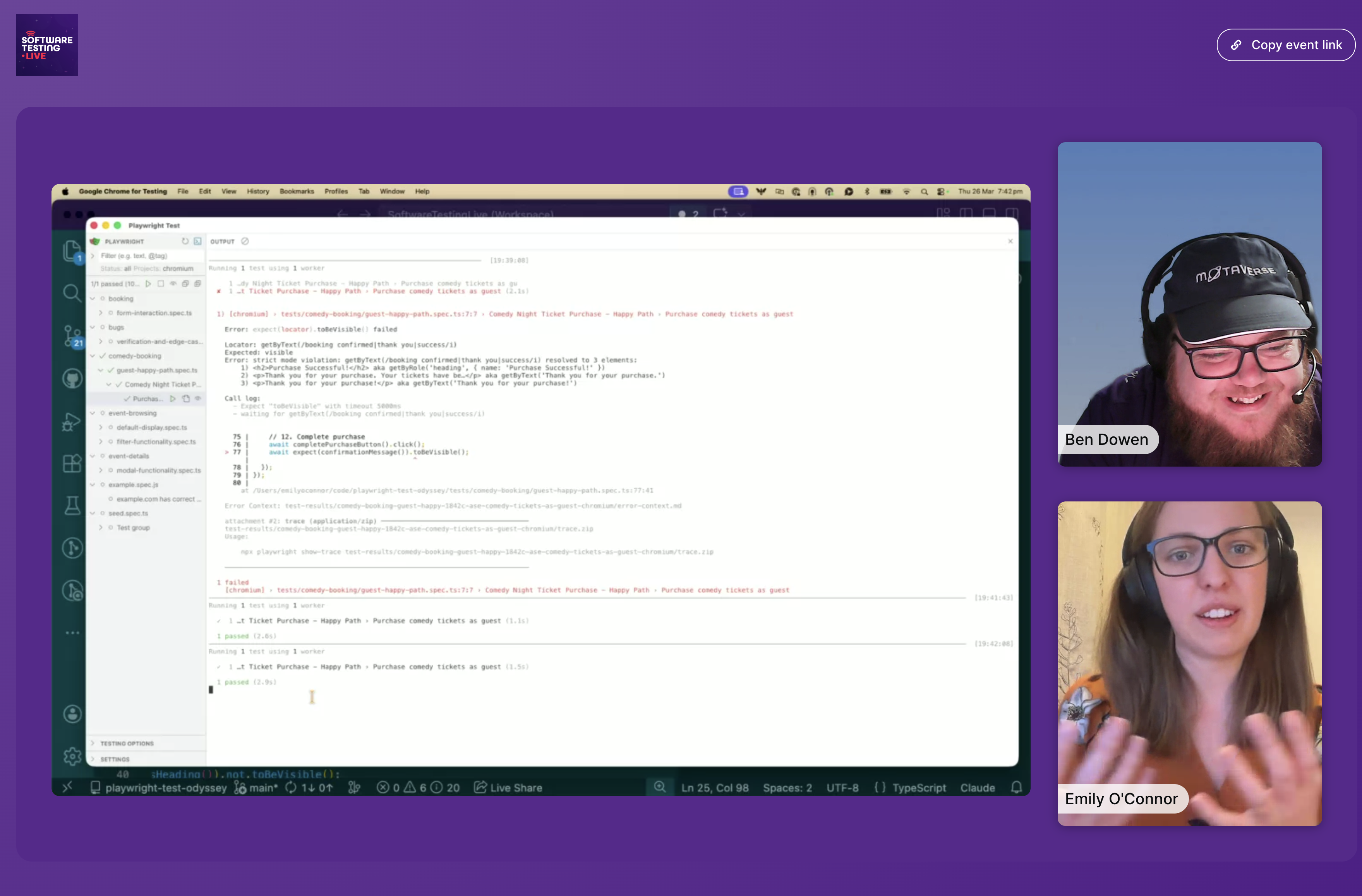 Two people on a webinar call with a screen of tests in the main window. image
