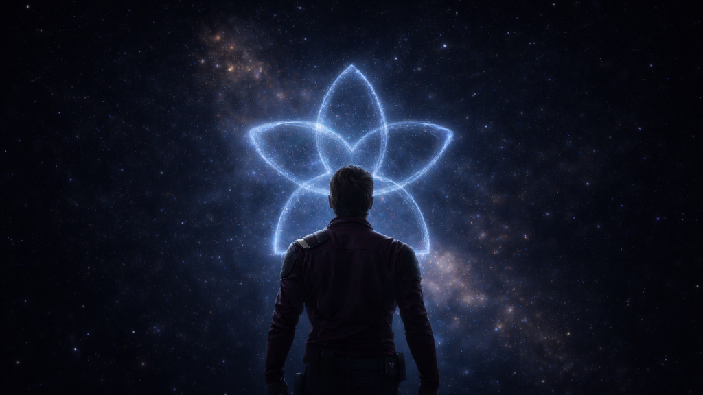 Starlord looks out to the universe and sees the Weave logo image