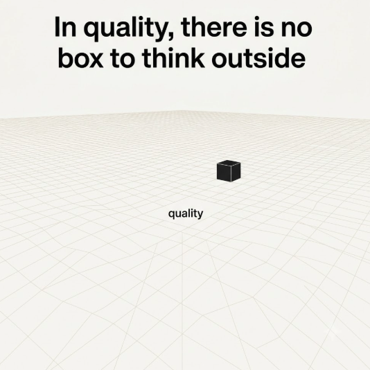 An infinite-space grid of lines is labelled quality. A black box sits to one side. Above text says, In quality, there... image