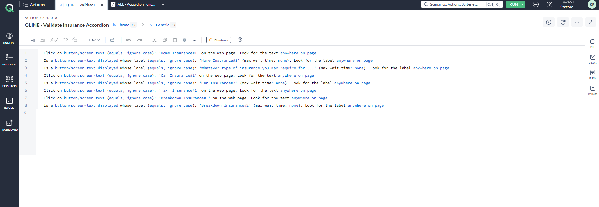 The AccelQ script where each accordion is clicked and content is verified.