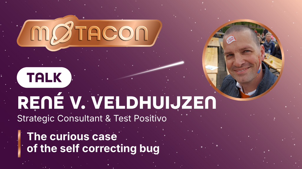 Promotional graphic for a MoTaCon talk titled "The curious case of the self correcting bug." On the left, the MoTaCon... image