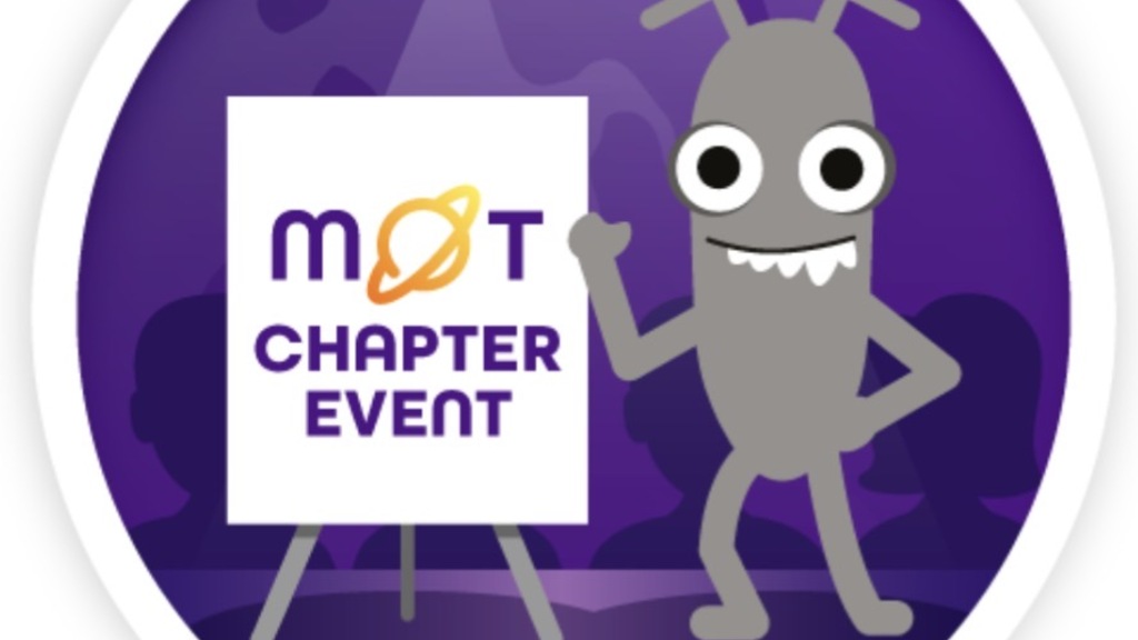 Bug in a circle pointing to a chapter event sign image
