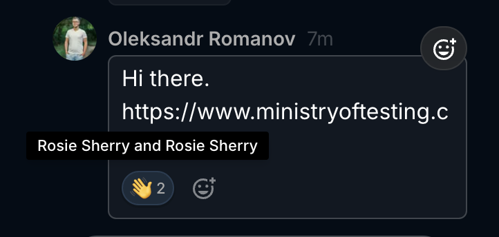 An emoji react where Rosie Sherry and Rosie Sherry have reacted to one hello message. Rosie Sherry is not sure where the other Rosie Sherry came from.