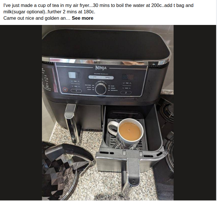 A picture of a coffee made in an AIr Frayer. A post stating that they made their test in the airfryer and it took just 32 minutes.