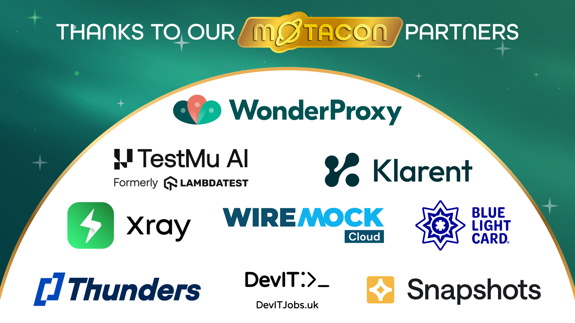 A graphic against a teal, starry background reading "THANKS TO OUR MOTACON PARTNERS" at the top with a central gold b... image