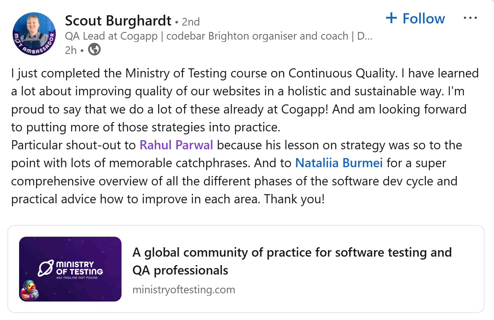 Feedback on Continous Quality Course.

"Particular shout-out to Rahul Parwal because his lesson on strategy was so to the point with lots of memorable catchphrases."
