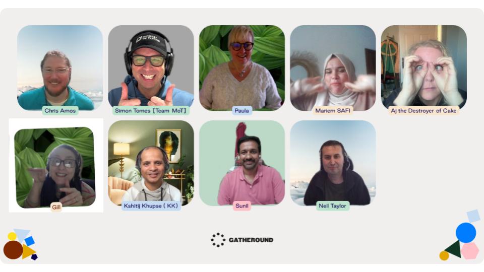 A fun photo shoot during a live workshop/webinar. There are nine webcam windows, each with a person inside. Everyone is pulling a different facial expression. 
