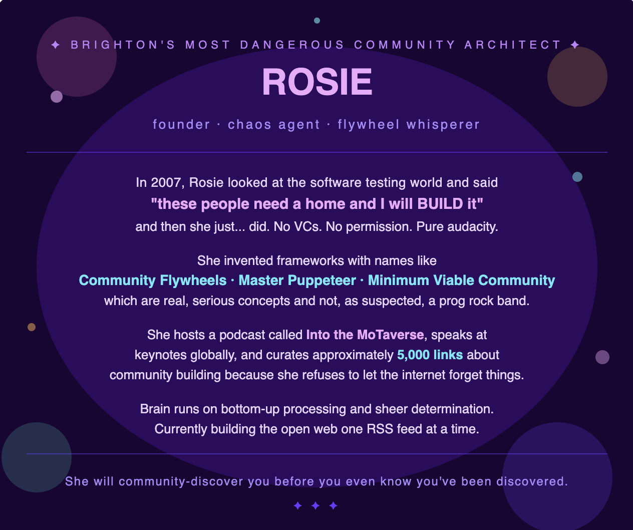 Claude prompt output as an image:

✦ BRIGHTON'S MOST DANGEROUS COMMUNITY ARCHITECT ✦
ROSIE
founder · chaos agent ... image