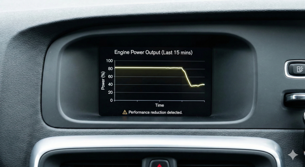 A graph of engine power output over time, white text and lines against black background, showing a decline in power output and bearing the legend "performance reduction detected." The graph is embedded in a car's dashboard in a simulation of what such a display might look like. 