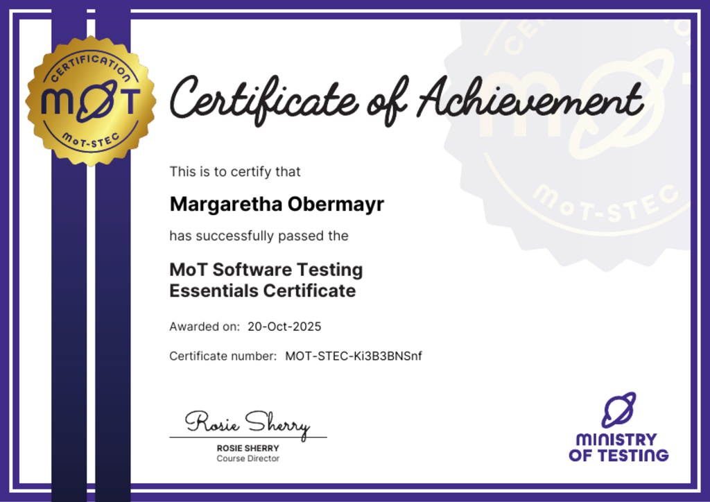 MoT Software Testing Essentials Certificate certificate awarded to Margaretha Obermayr image