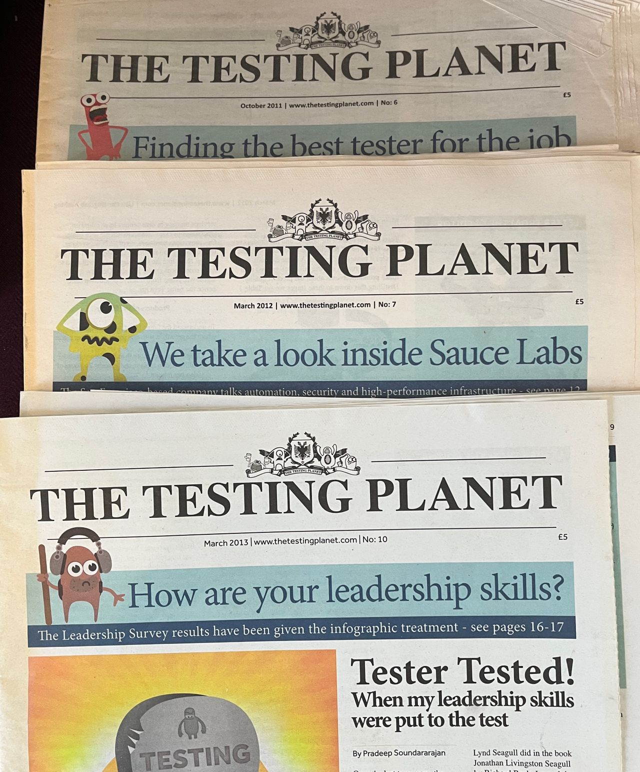 A photo of back issues of the Testing Planet from 2011 -  2013