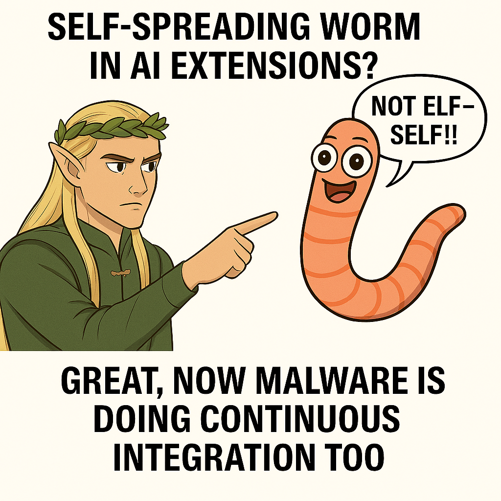 A cartoon-style meme featuring a blonde elf character pointing at a smiling orange worm. The top text reads: “SELF-SPREADING WORM IN AI EXTENSIONS?” The worm has a speech bubble saying: “NOT ELF – SELF!!” Below, bold text says: “GREAT, NOW MALWARE IS DOING CONTINUOUS INTEGRATION TOO.” 