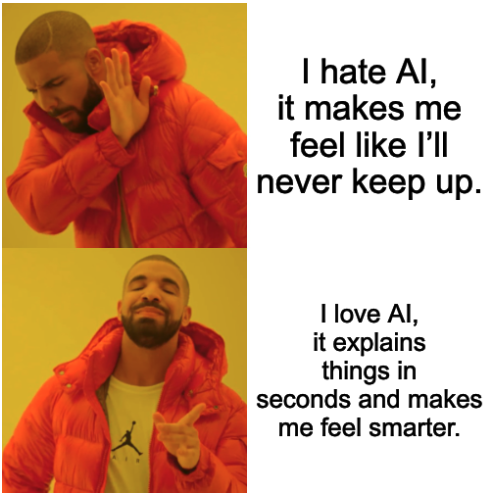 A man in an orange coat shields his eyes from the comment: I hate AI, it makes me feel like I'll never keep up. The s... image