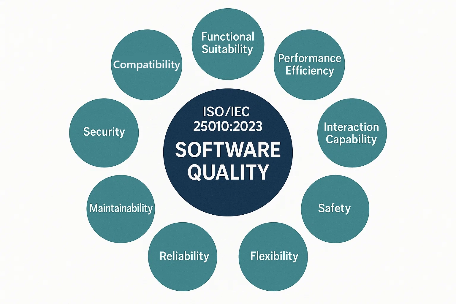 Software quality is described as functional suitablity, performance efficiency, interaction capablility, safety, flexibility, reliability, maintainability, security, and compatibility. 