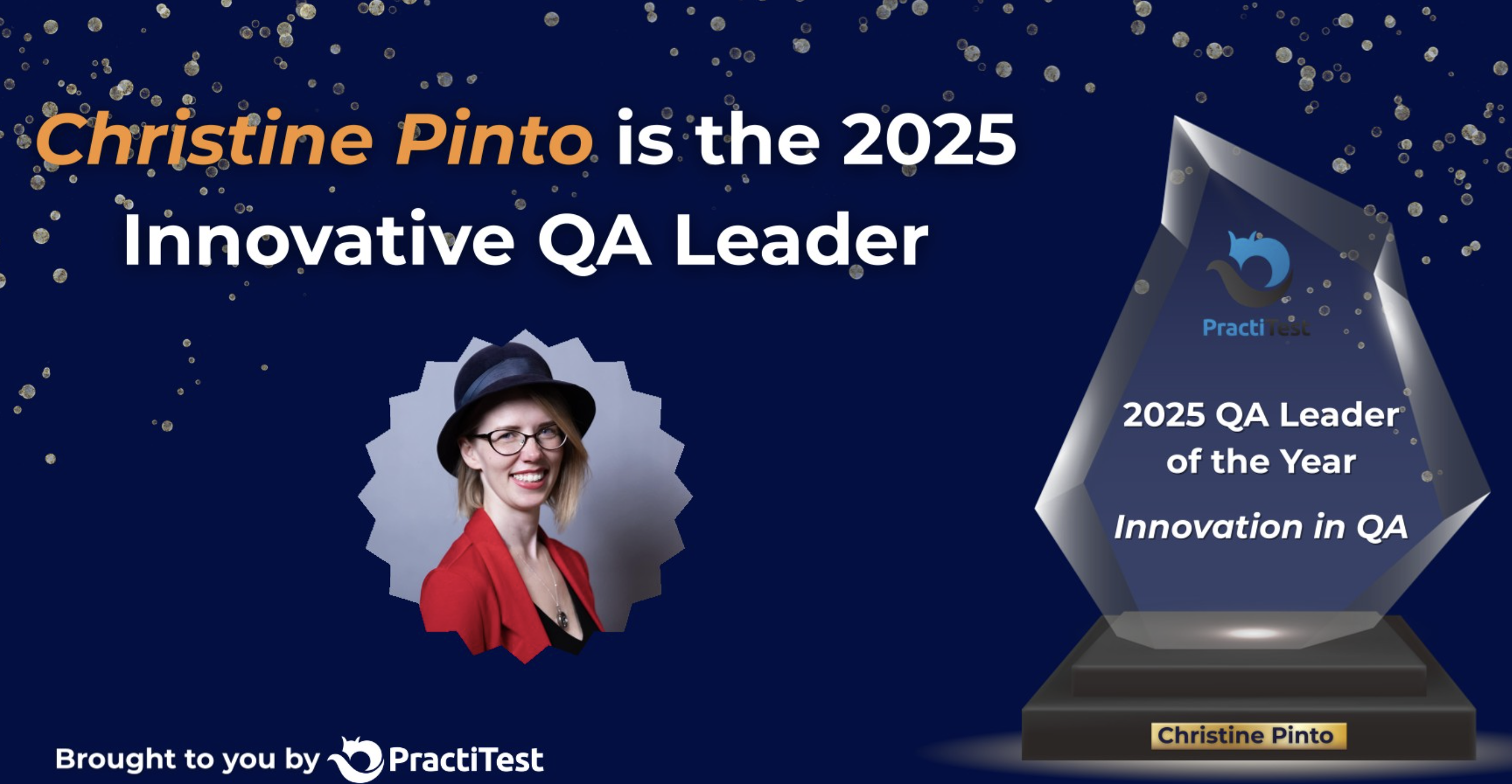 Screenshot of the QA Leader award 2025 and the winner for the category Innovation in QA Award 2025 which is Christine Pinto