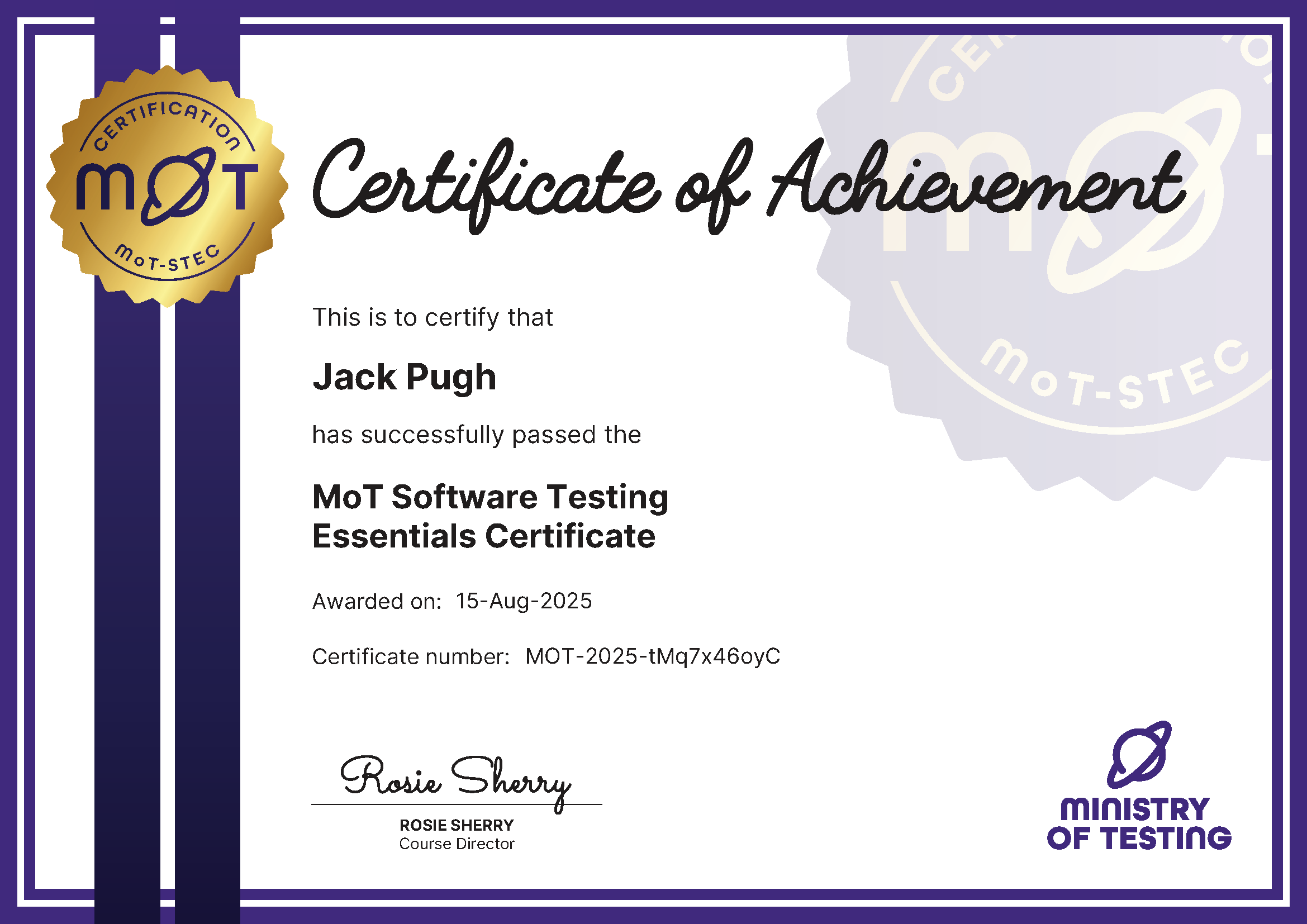 MoT Software Testing Essentials Certificate certificate awarded to Jack Pugh