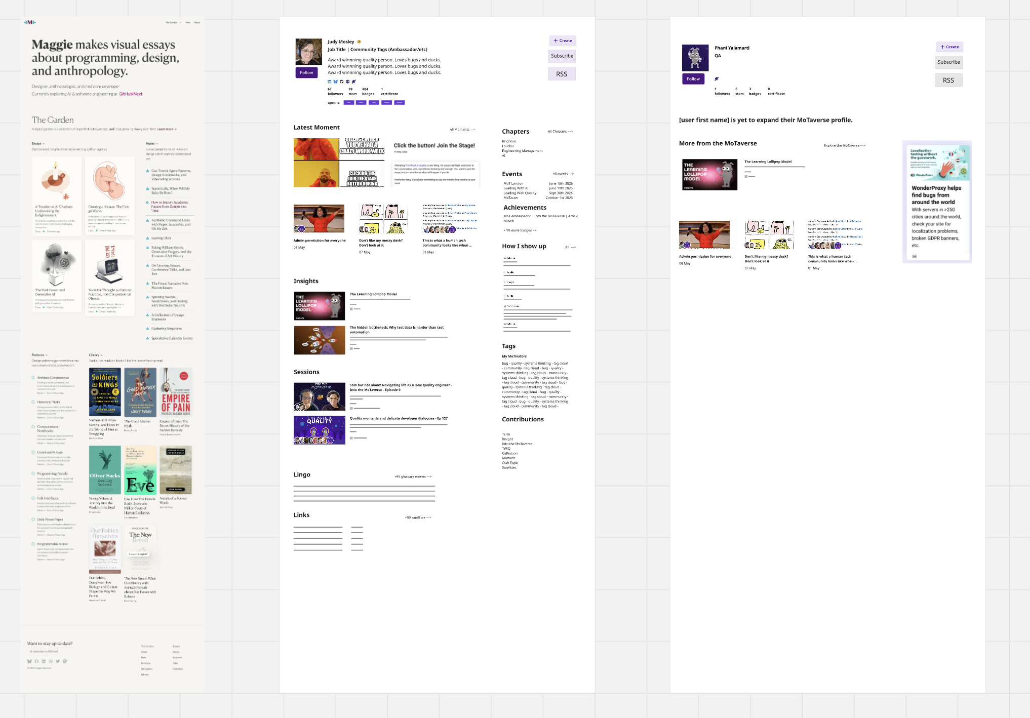 Three side-by-side web page design wireframes displayed on a light grid background. On the left is a personal site featuring the header "Maggie makes visual essays about programming, design, and anthropology," followed by content grids of essays, notes, and a book library. In the center and on the right are profile pages for "MoTiverse" users displaying avatar images, bio stats, latest activity moments, video sessions, badges, tags, and sidebar advertisements.