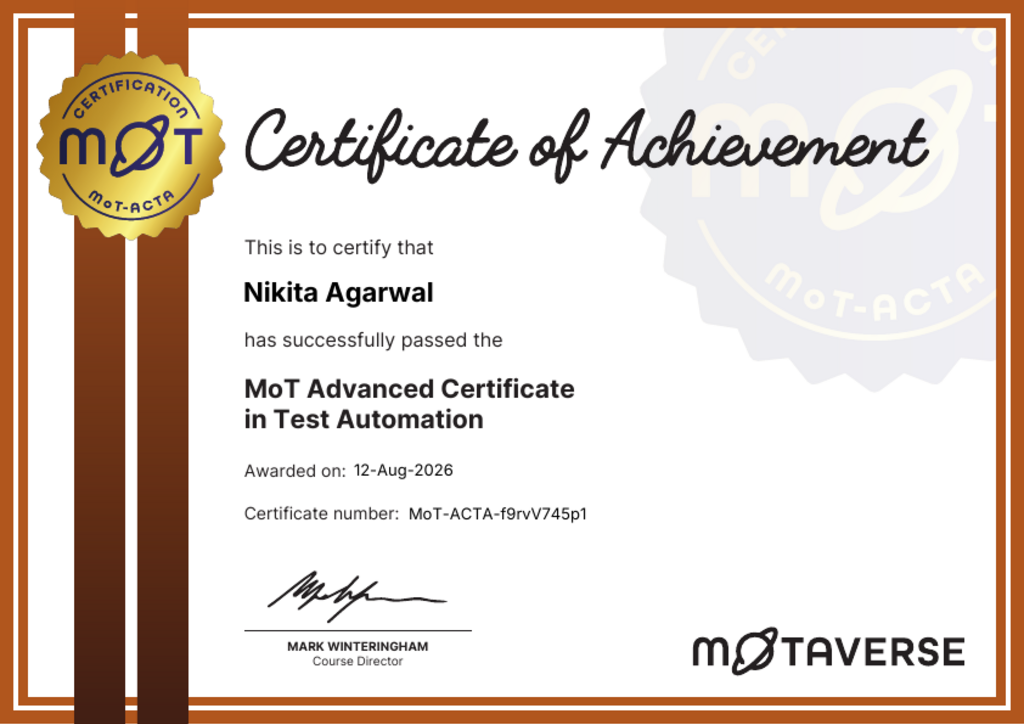 MoT Advanced Certificate in Test Automation certificate awarded to Nikita Agarwal image