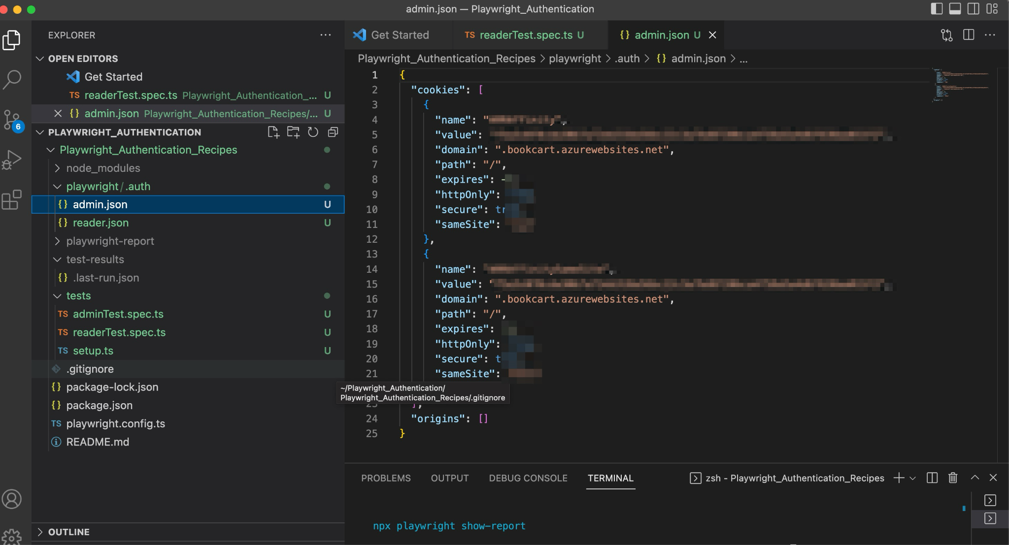 admin.json storage state file open in Visual Studio Code, showing cookie data for authenticated admin user on the Book Cart website, used for Playwright test automation.