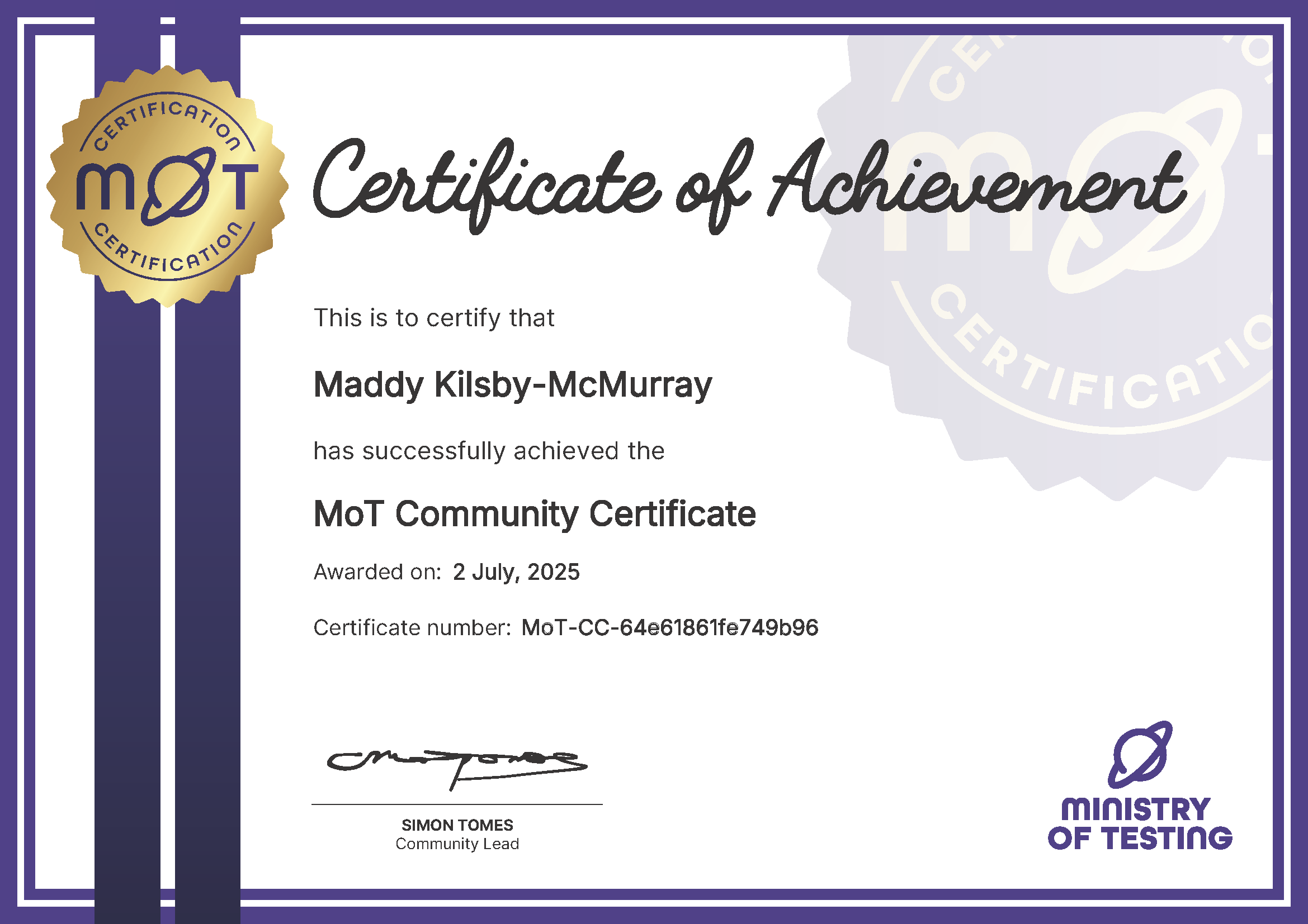 MoT Community Certificate certificate awarded to Maddy Kilsby-McMurray