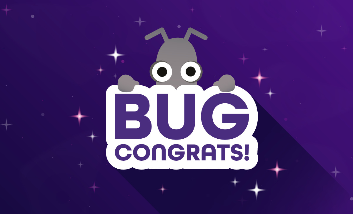 The image shows a stylized grey bug with large black and white eyes holding up a white sign with the word "BUG" in large, bold, purple letters on the top line, and "CONGRATS!" in smaller, bold, purple letters on the bottom line. The background is a gradient of purple and dark purple, with numerous small white and pink sparkles or stars scattered across it. The overall style is flat design with long shadows.