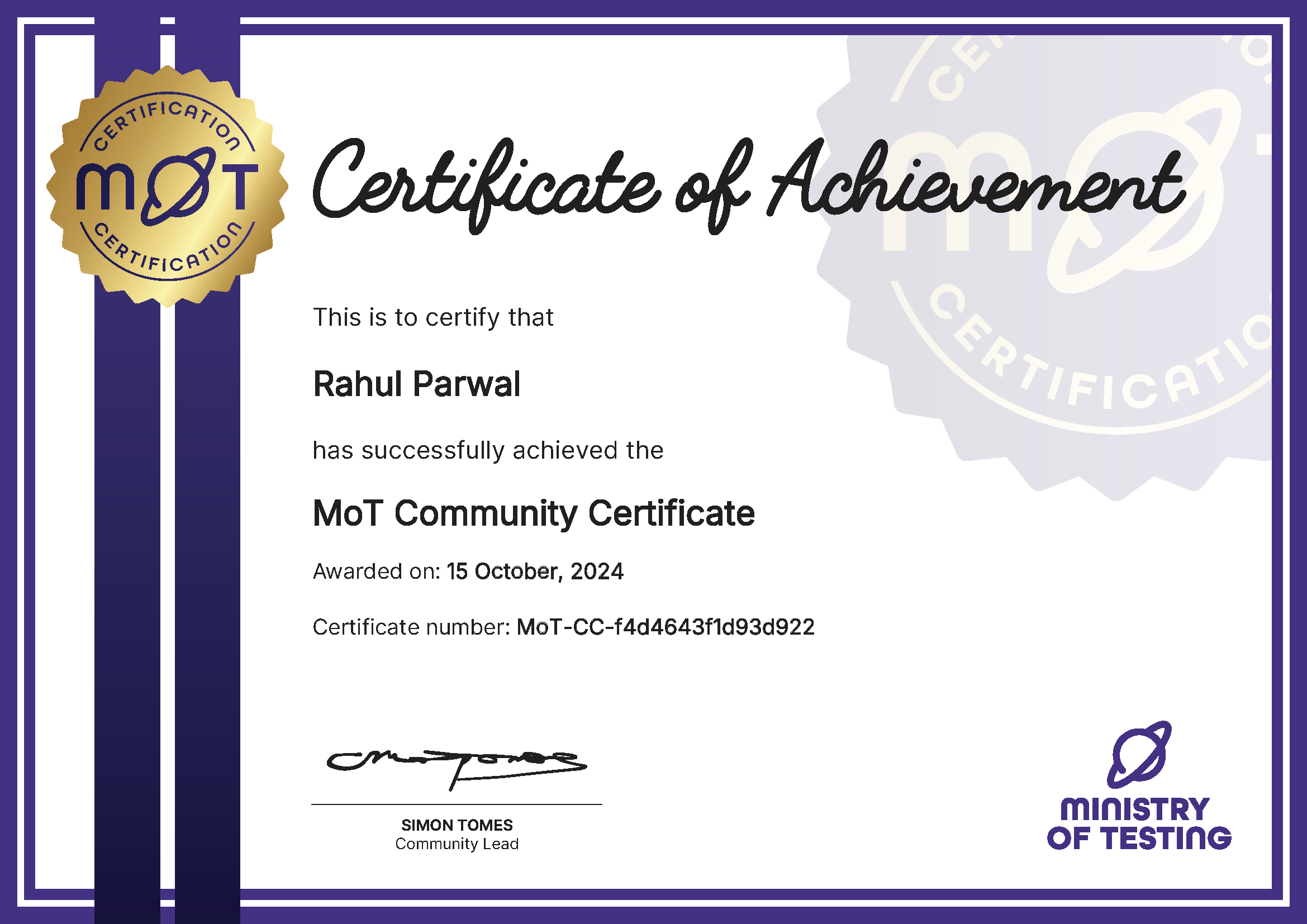 MoT Community Certificate certificate awarded to Rahul Parwal