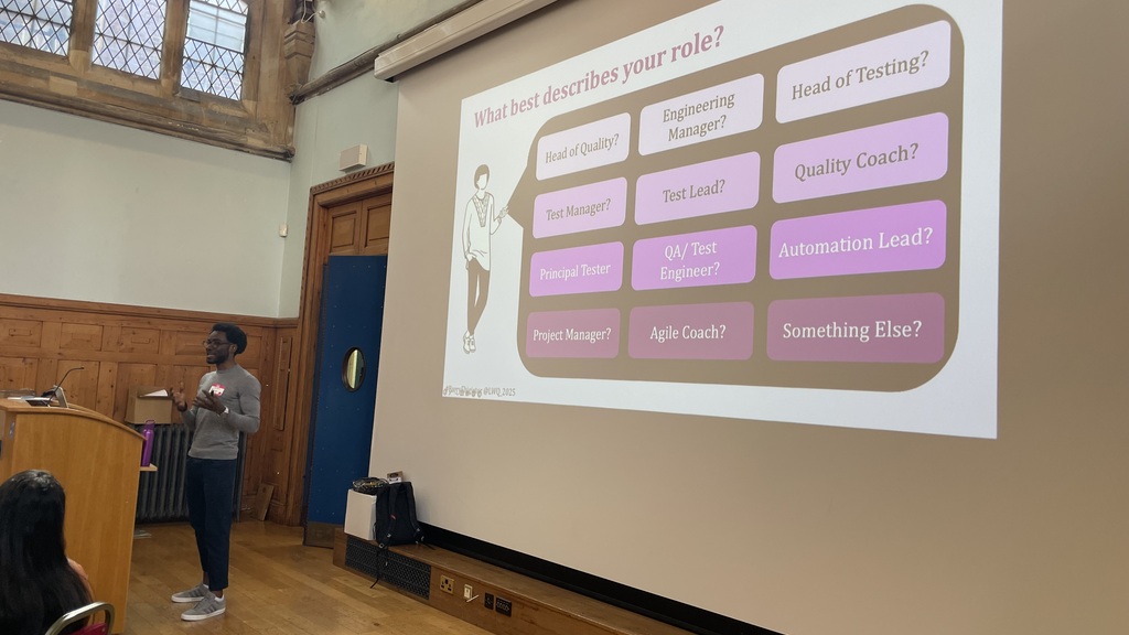 Barry standing in front of a slide that says:

What best describes your role?

Head of Quality?
Engineering Manager?
Head of Testing?
Test Manager?
Test Lead?
Quality Coach?
Principal Tester
QA / Test Engineer?
Automation Lead?
Project Manager?
Agile Coach?
Something Else?