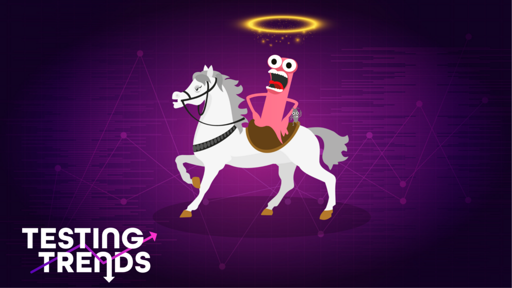 A whimsical cartoon of a panicked pink worm with wide eyes riding a white horse. The worm wears a small saddle, and a tiny grey bug sits on its back. A golden halo glows above the worm's head. The background is purple with a faint white grid pattern. The words "TESTING TRENDS" are in the lower-left corner with arrows pointing up and down.