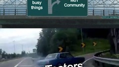 
The image is a meme depicting a highway sign and a car. The top half shows a green highway sign with two arrows. The left arrow points straight ahead to "Important busy things" and "EXIT 12". The... image