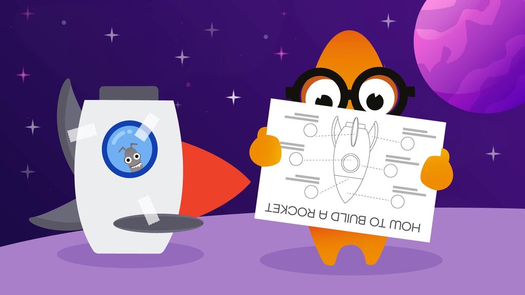  A friendly, orange, alien-like character wearing large glasses holds a blueprint for a rocket. It stands next to a small, two-stage rocket with a large red fin. A small, blue, alien-like creature with a single antenna and a scared expression peers out of the rocket's window. The background is a dark purple sky filled with stars and a pink planet in the distance. The overall style is a flat, cartoon-like illustration.