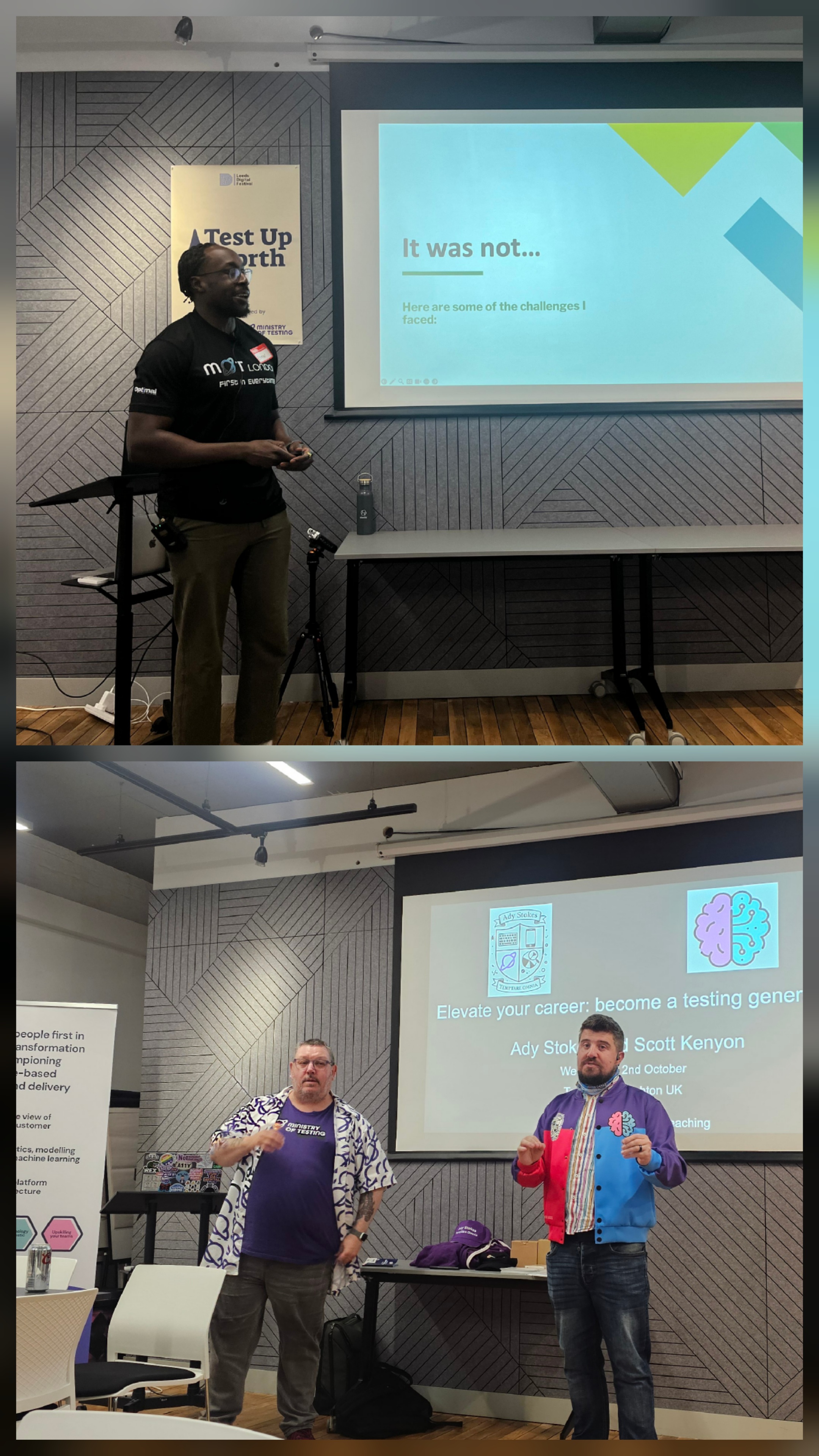 Top image: A black man wearing glasses stands beside a screen with a slide that reads "It was not...". The setting appears to be a professional presentation.

Bottom image: Two white men stand in front of a screen displaying "Elevate your career; become a testing genor." Both appear engaged, one gesturing while speaking.