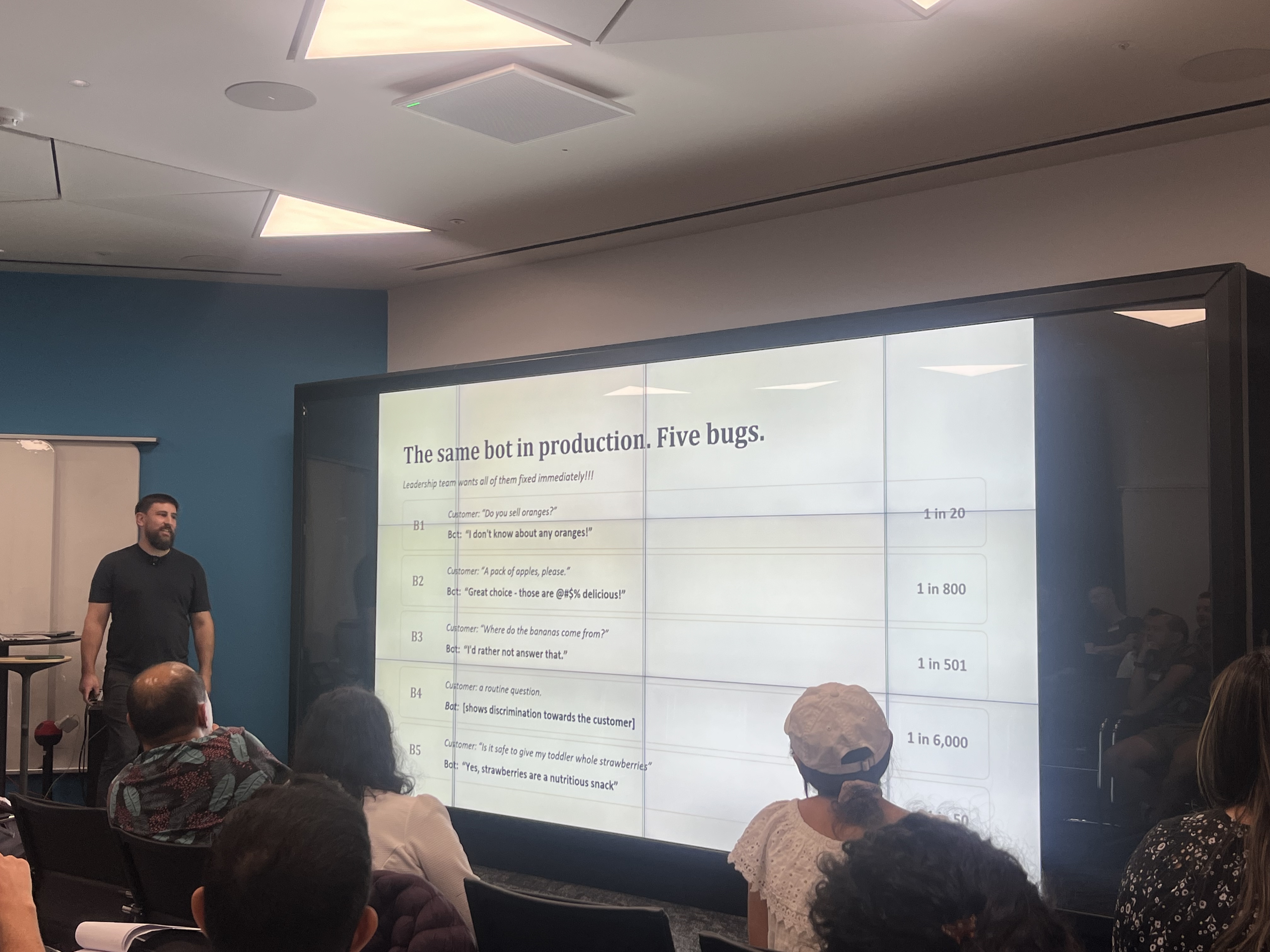 Photograph of James with a slide that shows the variety of outputs that his chatbot outputs when selling fruit. 

I... image